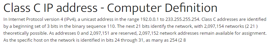 Class-C-IP-Address-Definition