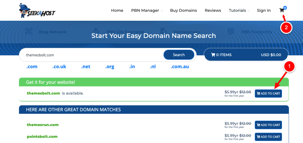 You can just enter the domain name with the extension which you are looking to buy and click on search. If the domain name which you have entered is available, than the “Available” message will be shown in the dashboard as like in the below image.