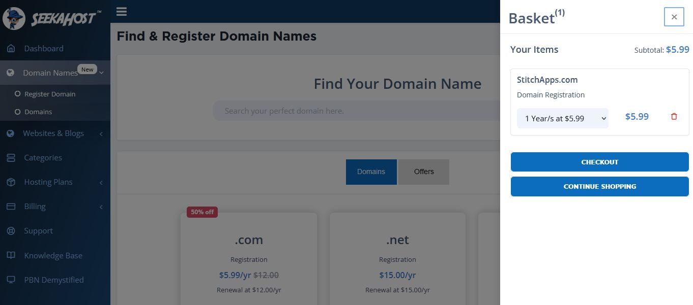 seekahost domain basket