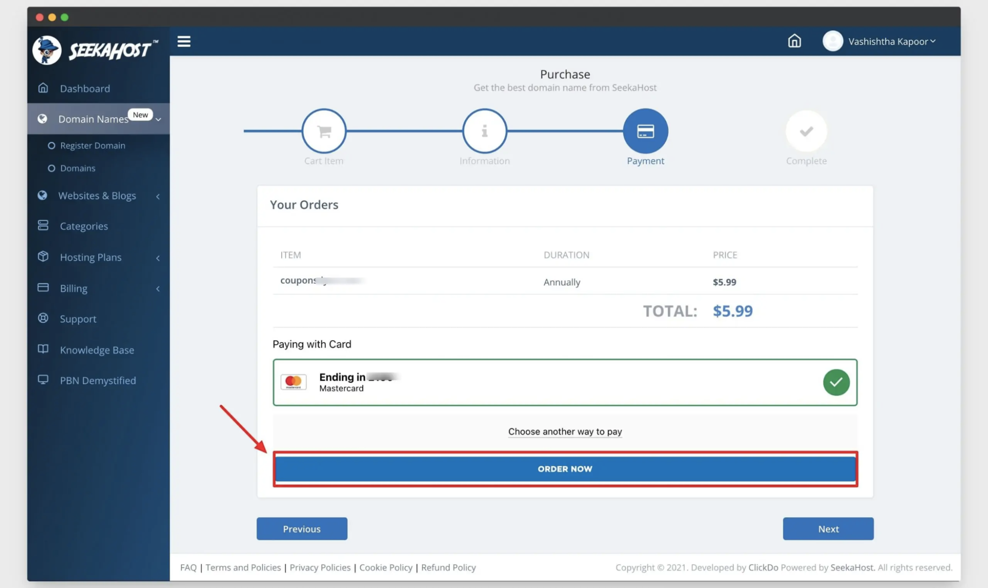 seekahost domain payment