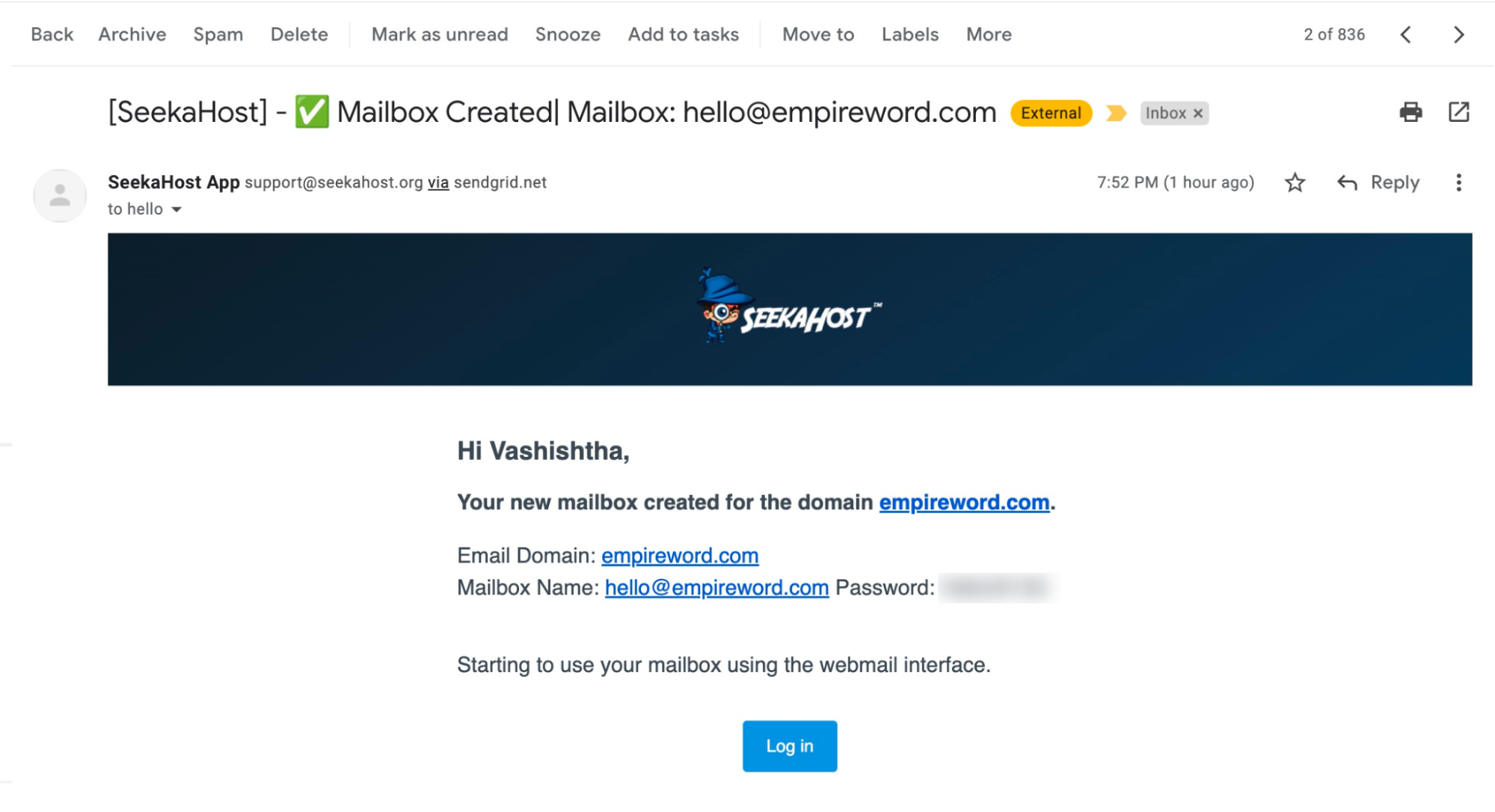 seekahost mailbox confirmation