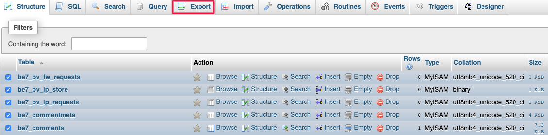 export tables