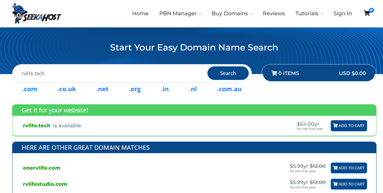 seekahost tech domain search
